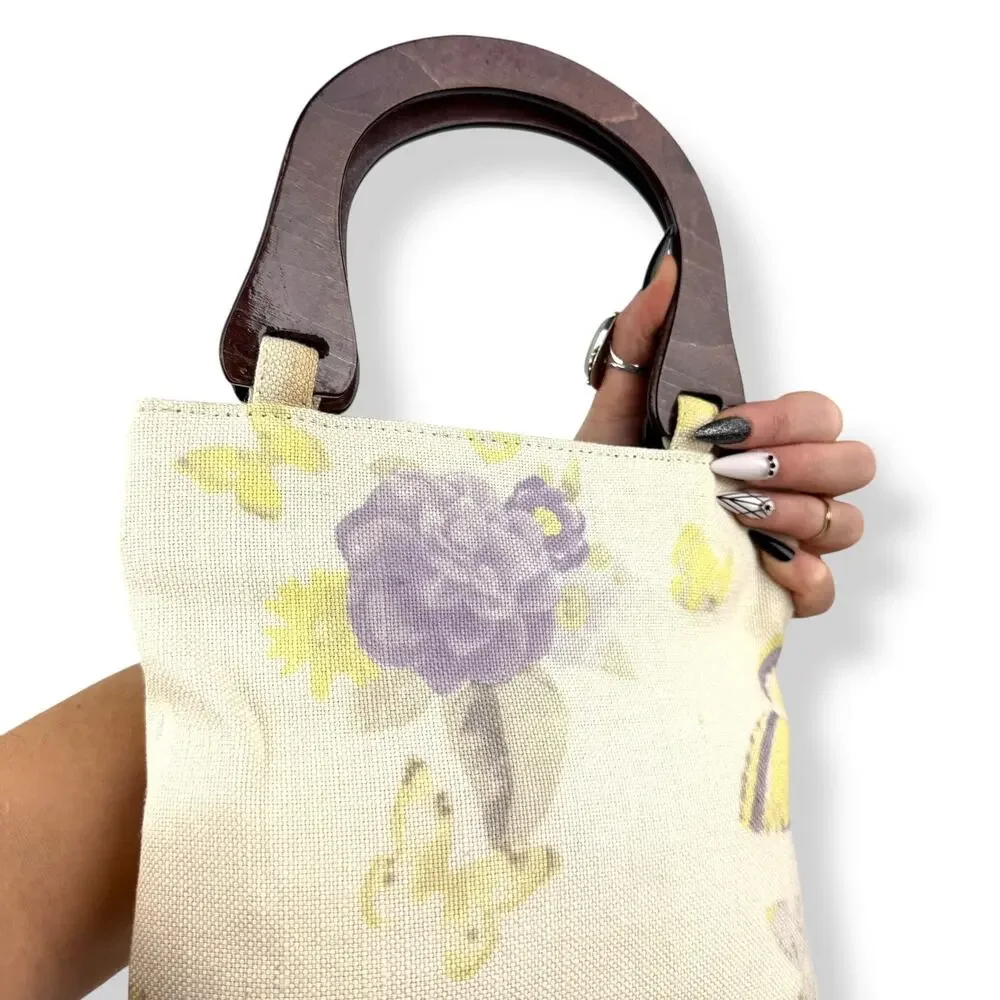 90's woven linen butterfly floral wood handle bag by FASHION EXPRESS ORIGINAL - Picture 6 of 16